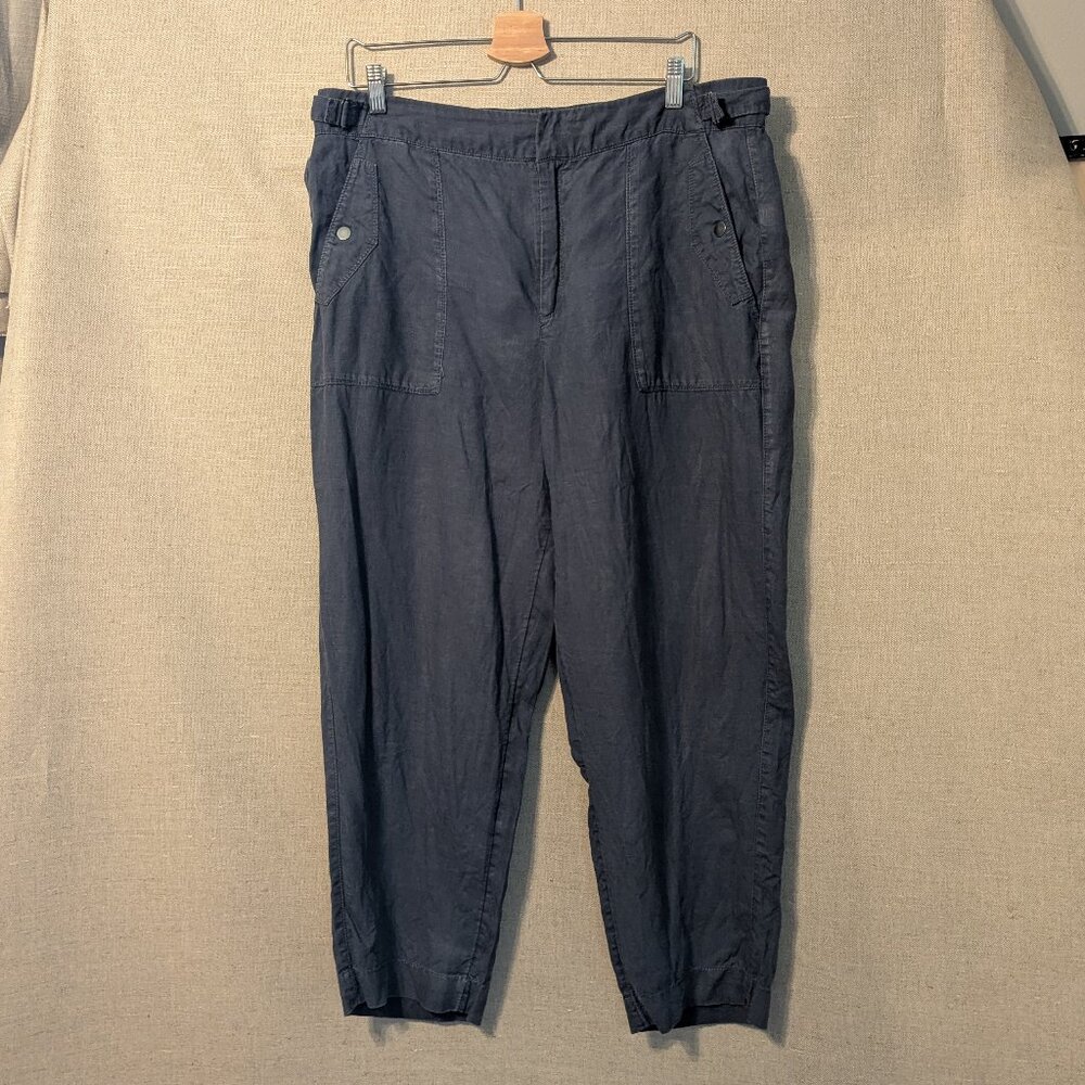 Athleta Voyager Dusty Blue Linen Crop Pants Elastic Back, Size 16